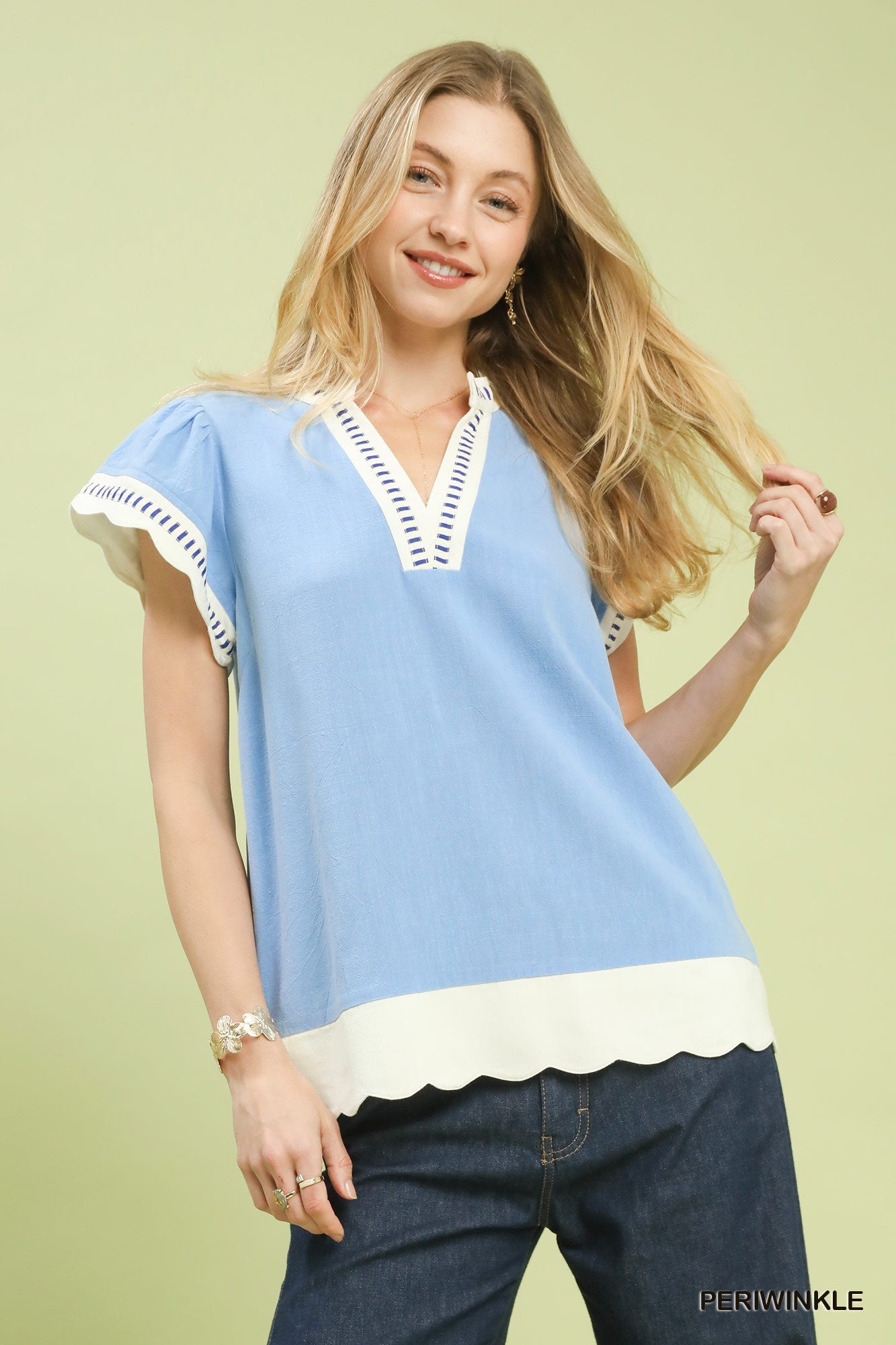 Umgee Periwinkle Contrast Scallop Trim Top with Ruffle Sleeves