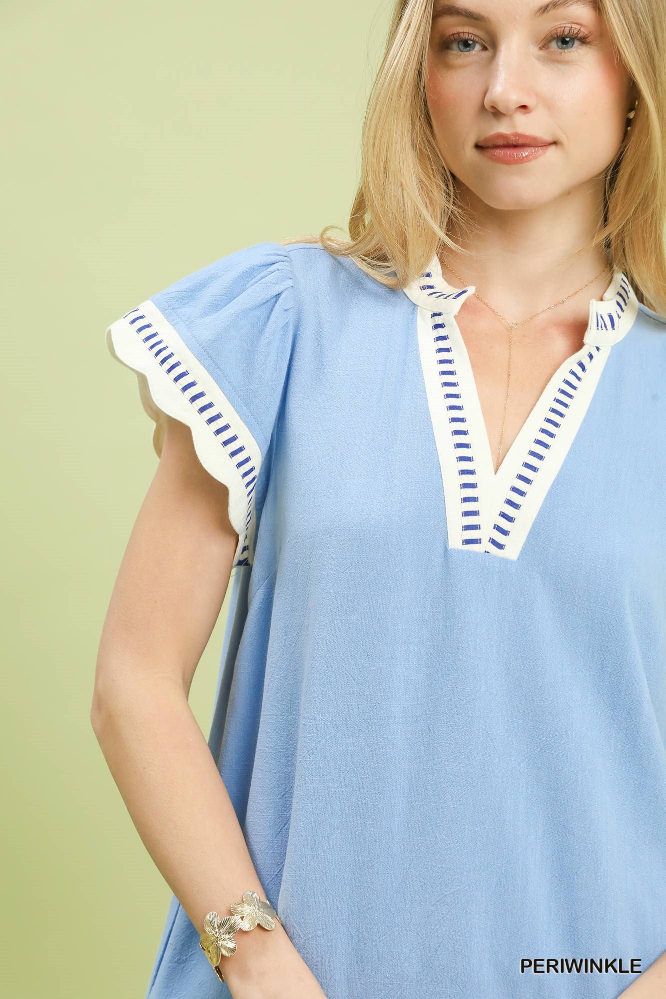 Umgee Periwinkle Contrast Scallop Trim Top with Ruffle Sleeves