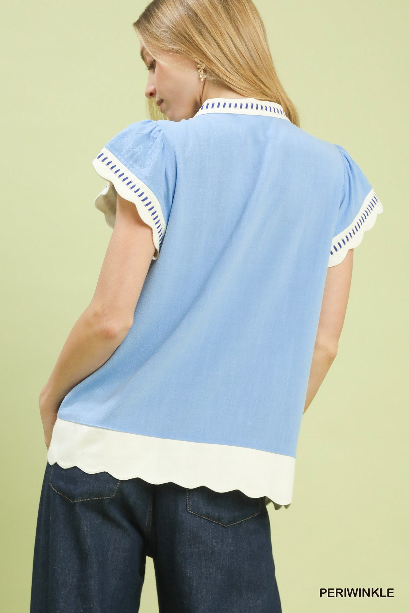 Umgee Periwinkle Contrast Scallop Trim Top with Ruffle Sleeves