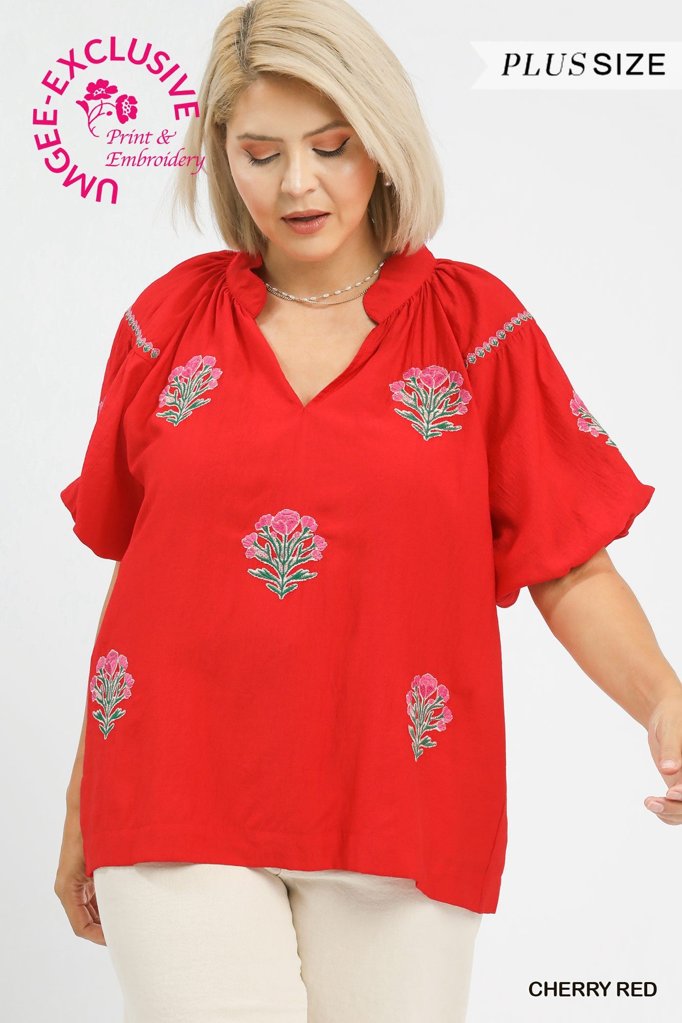 PLUS Umgee Cherry Red Embroidered Floral Puff Sleeve Blouse