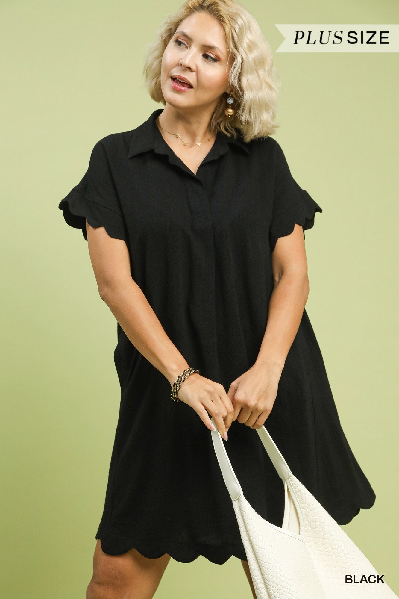PLUS Umgee Linen Scalloped Hem Dress – Black