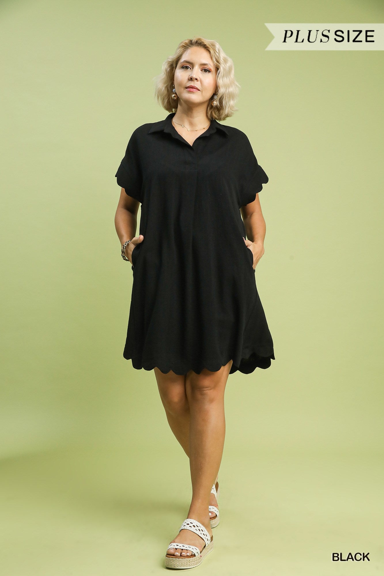 PLUS Umgee Linen Scalloped Hem Dress – Black
