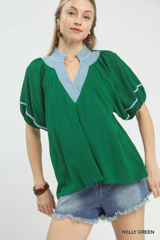 Umgee Linen Contrast Trim Puff Sleeve Top - Kelly Green