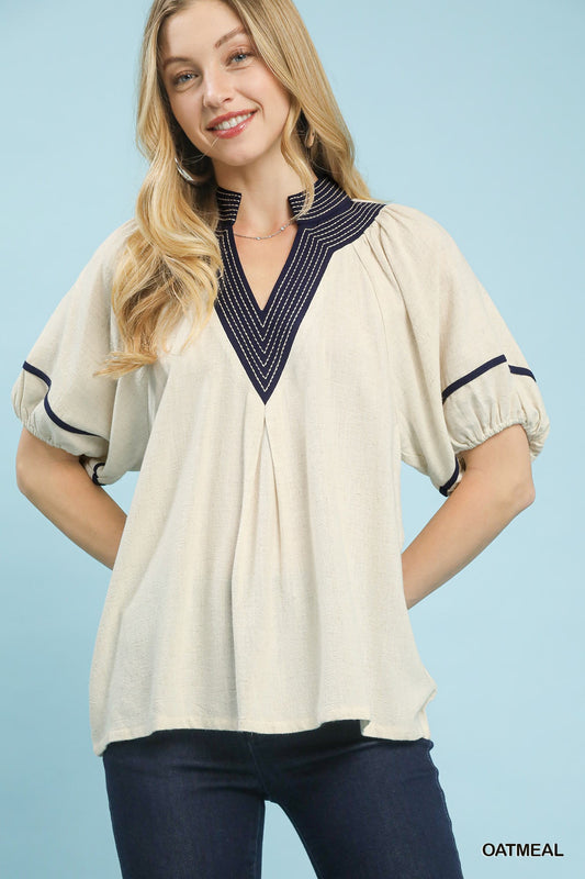 Umgee Linen Contrast Trim Puff Sleeve Top - Oatmeal