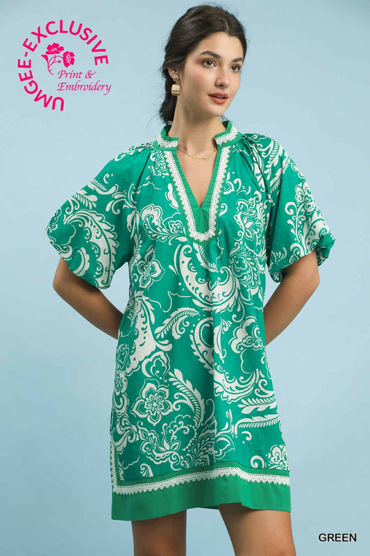 Umgee Green Jacquard Two Tone Mini Dress