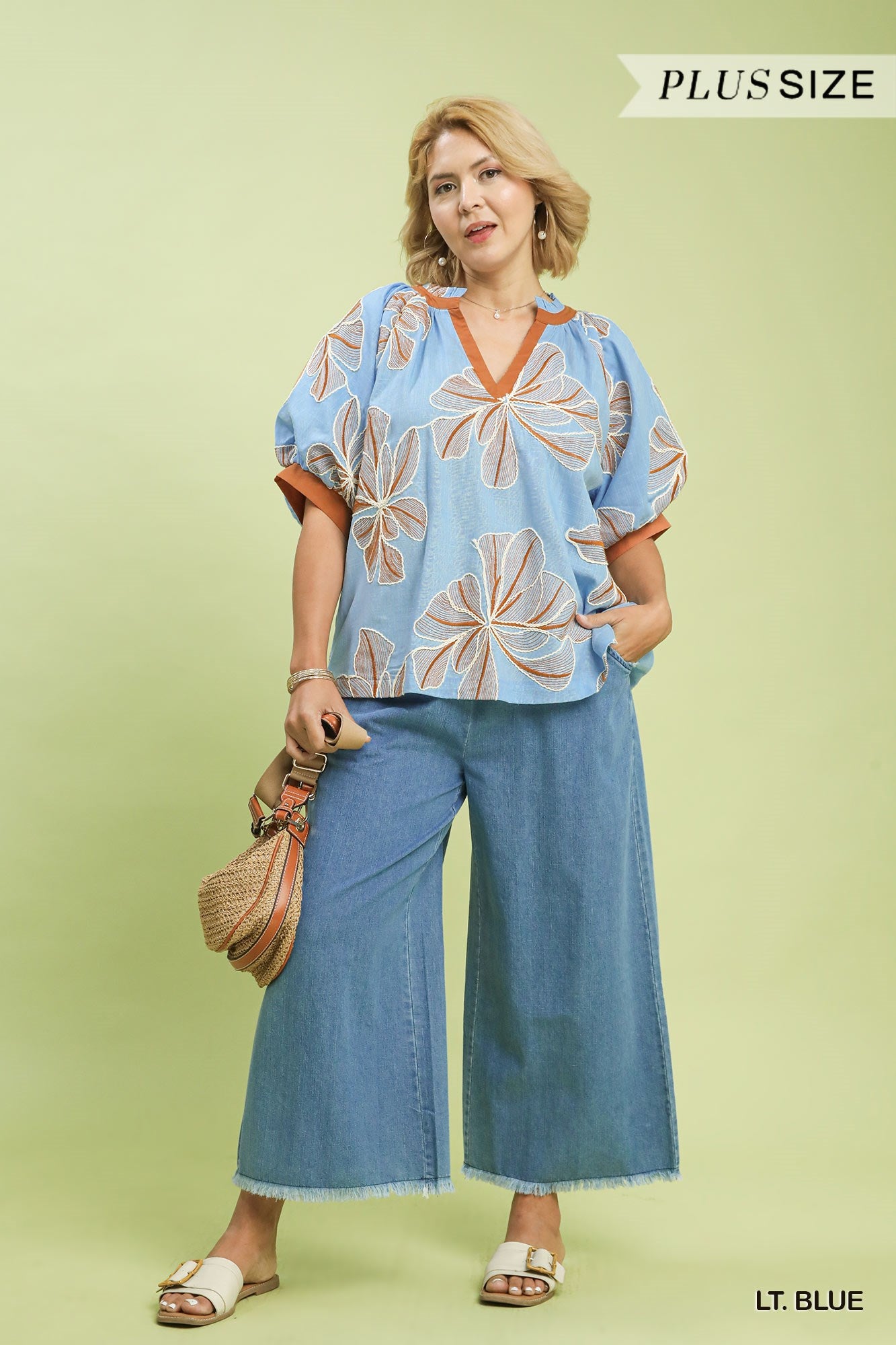 PLUS Umgee Blue & Brown Embroidered Linen V-Neck Top