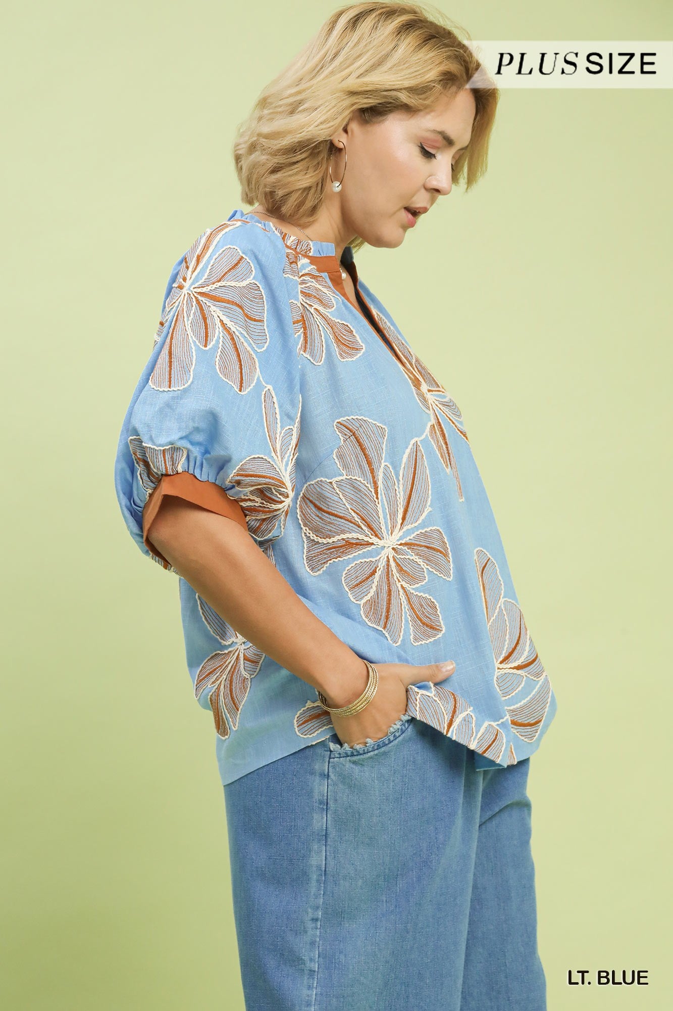 PLUS Umgee Blue & Brown Embroidered Linen V-Neck Top