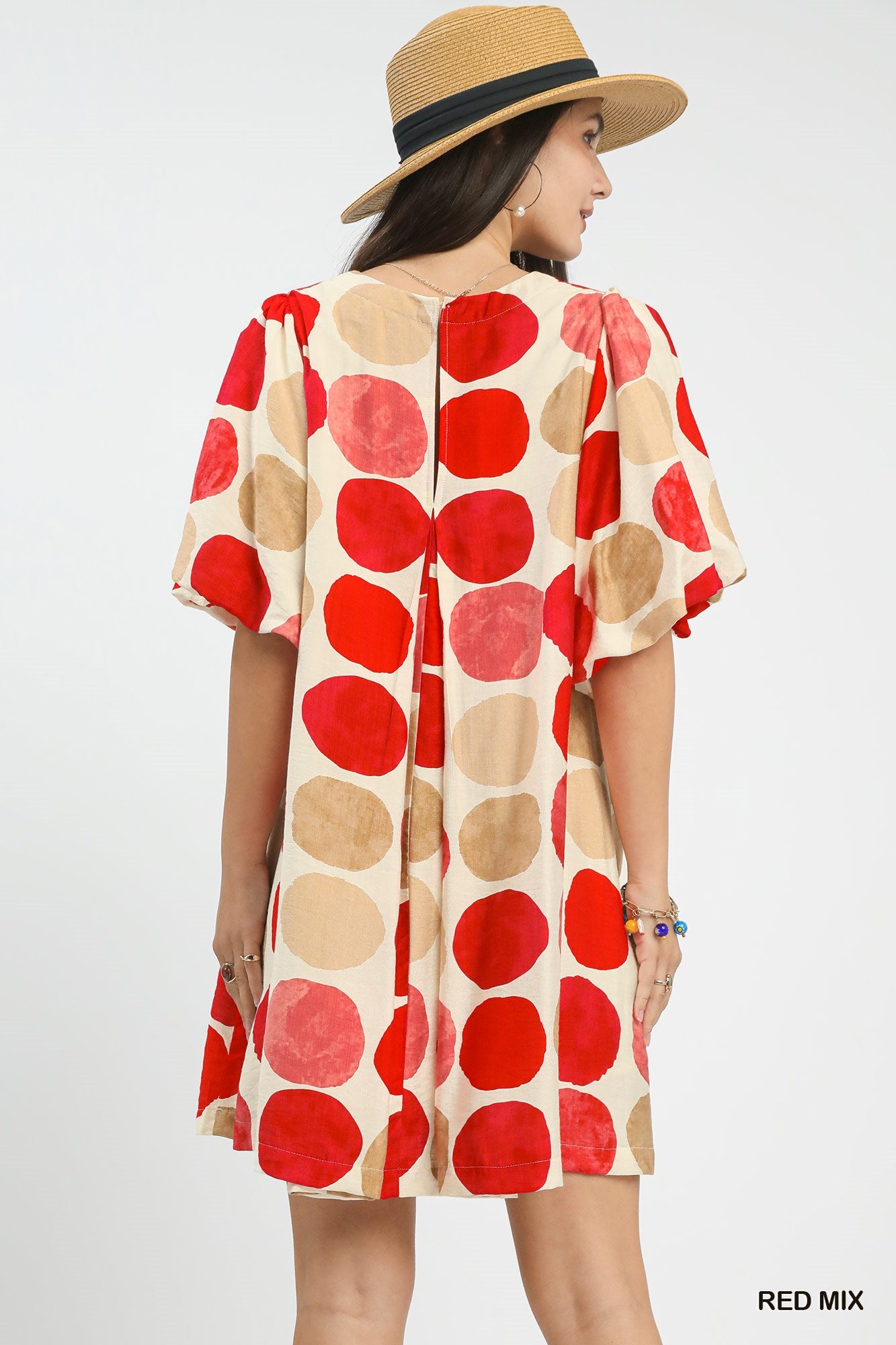 Umgee Abstract Dot Bubble Sleeve Tunic Dress – Red Mix
