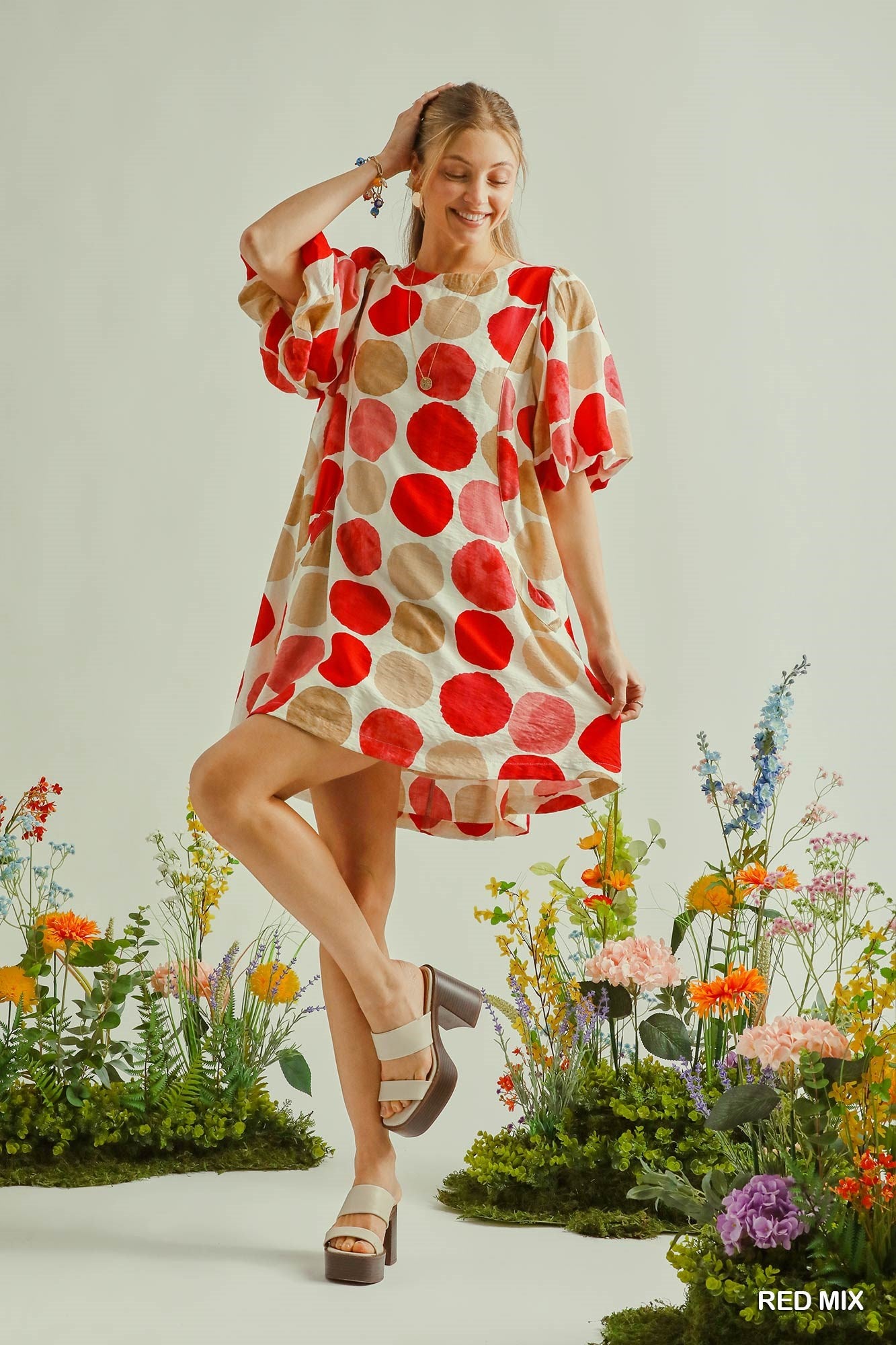 Umgee Abstract Dot Bubble Sleeve Tunic Dress – Red Mix