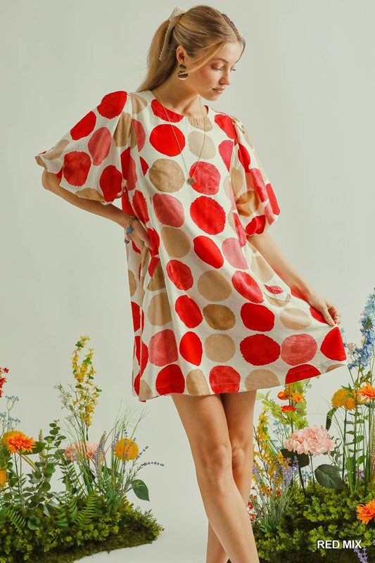 Umgee Abstract Dot Bubble Sleeve Tunic Dress – Red Mix