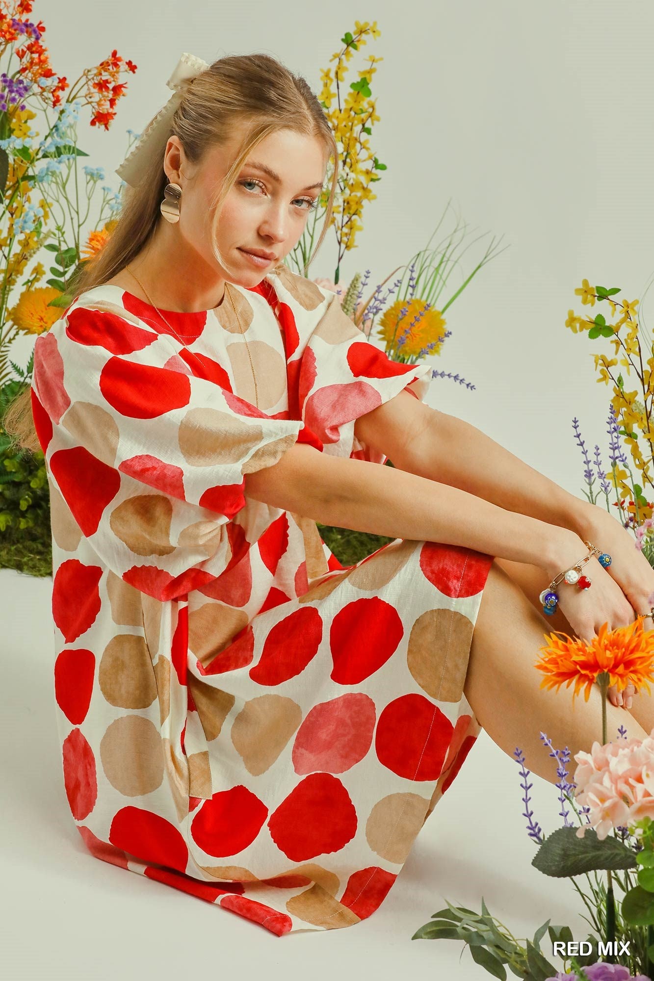 Umgee Abstract Dot Bubble Sleeve Tunic Dress – Red Mix