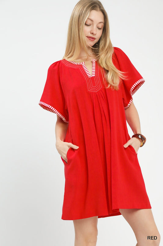Umgee Red Linen Blend Tunic Mini Dress
