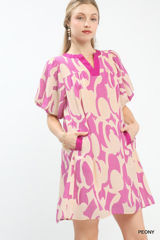 Umgee Peony Pink Abstract Print Shift Dress