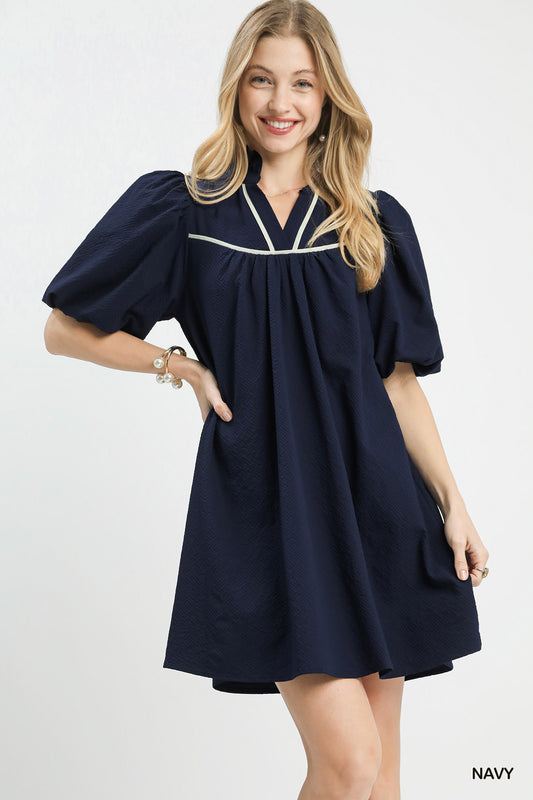 Umgee Navy Seersucker Puff Sleeve Dress