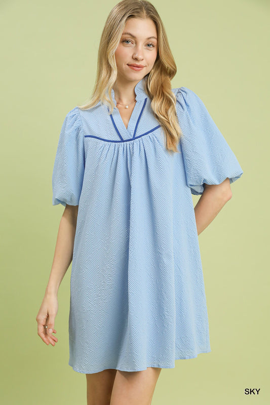Umgee Sky Blue Seersucker Puff Sleeve Dress