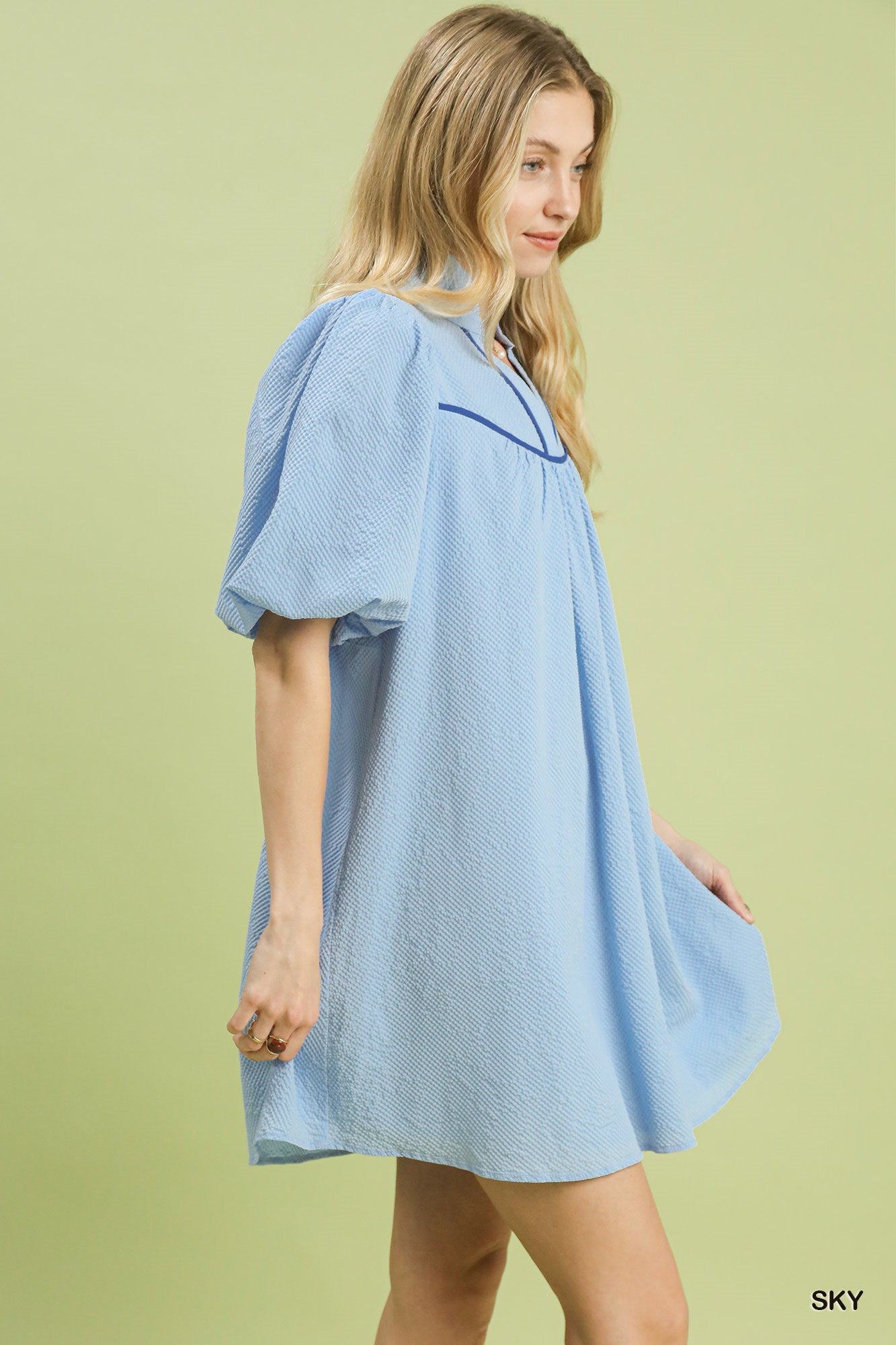 Umgee Sky Blue Seersucker Puff Sleeve Dress