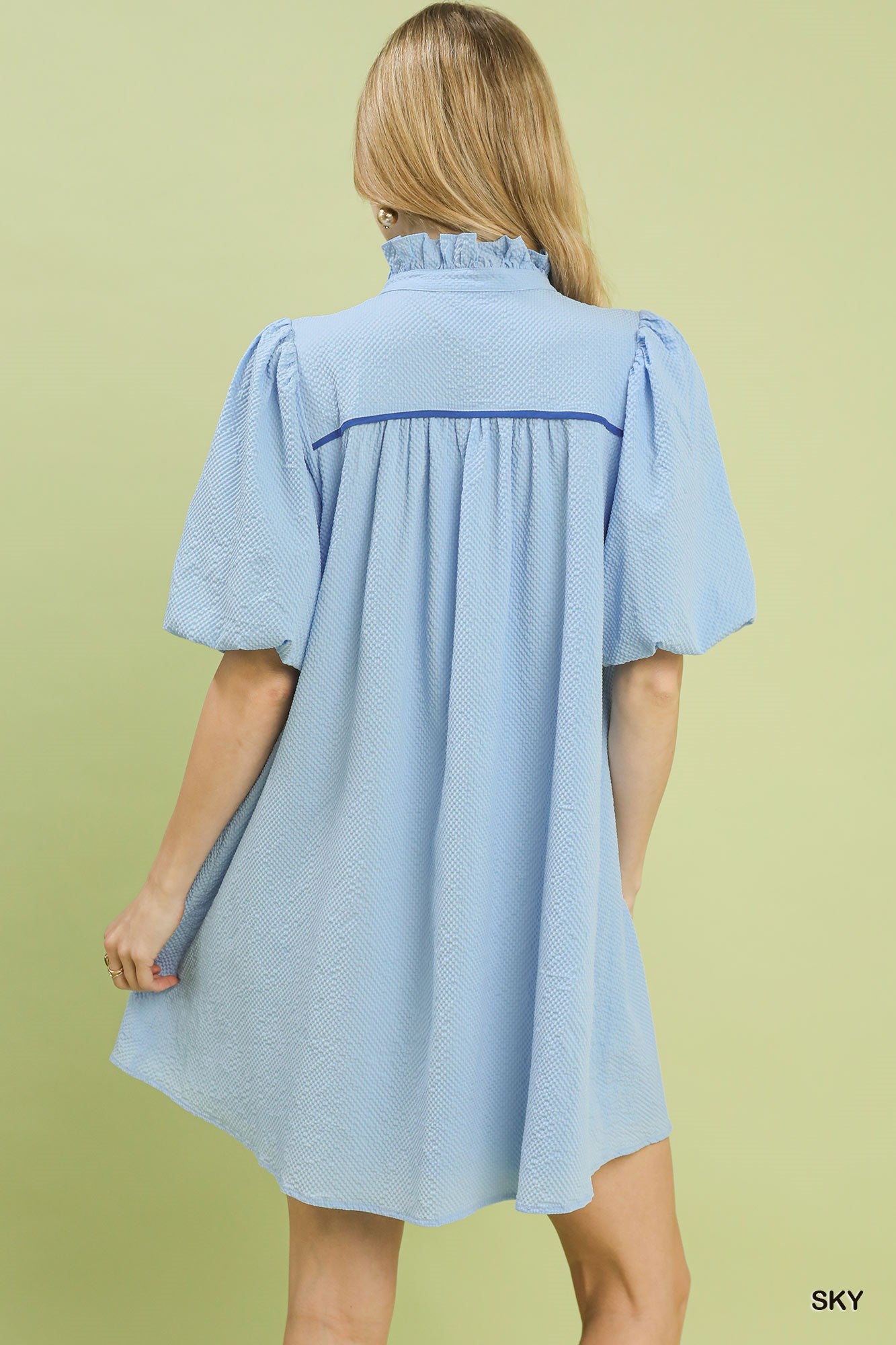 Umgee Sky Blue Seersucker Puff Sleeve Dress