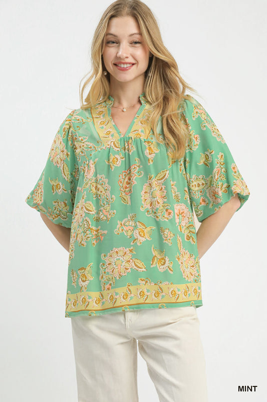 Umgee Mint Apricot Floral Boho Blouse