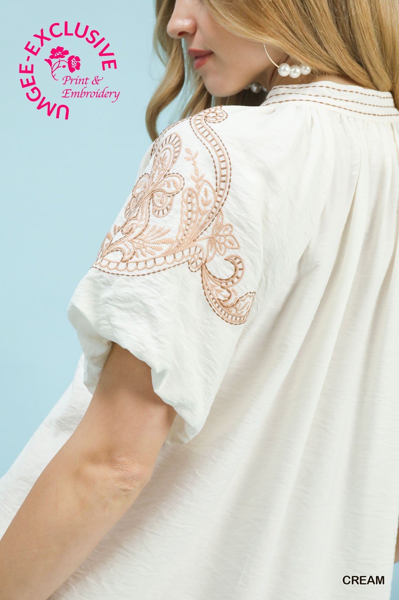 Umgee Cream Embroidered Puff Sleeve Top