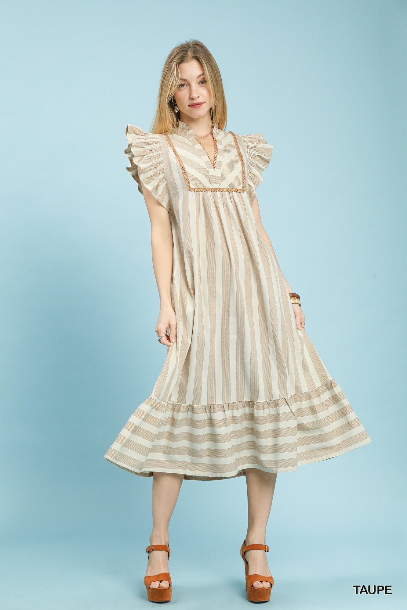 Umgee Taupe Stripe Ruffle Sleeve Tiered Midi Dress