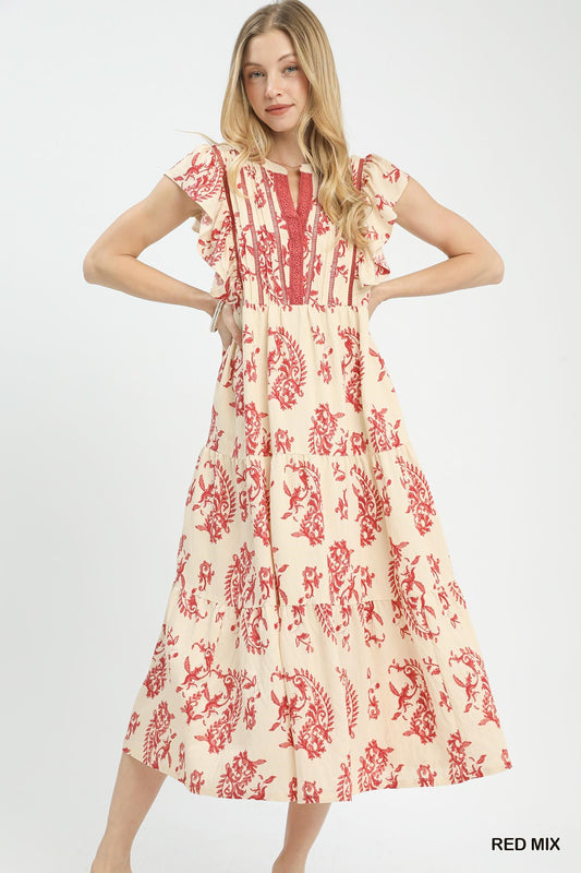 Umgee Red Mix Paisley Print Tiered Midi Dress