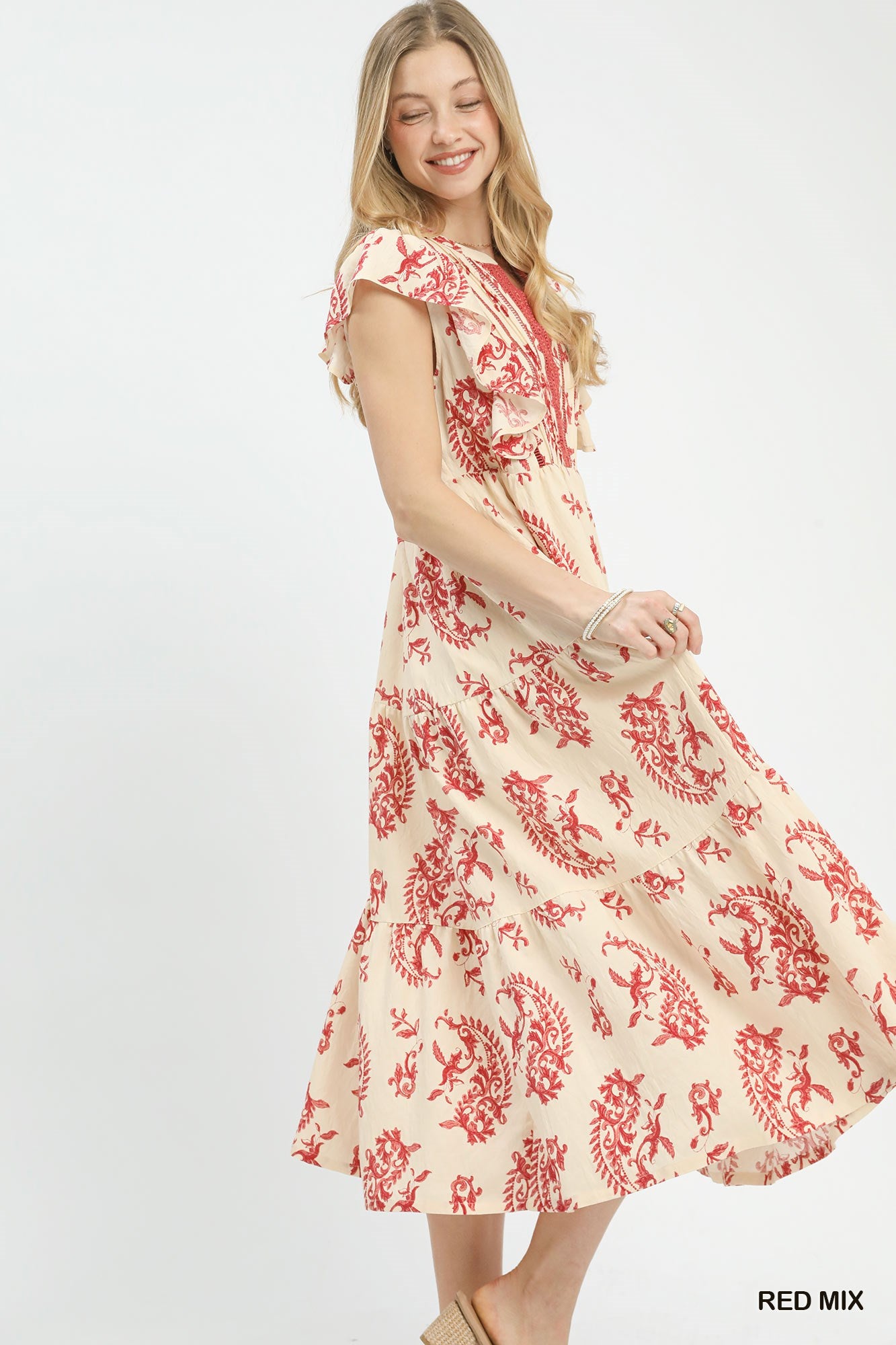 Umgee Red Mix Paisley Print Tiered Midi Dress
