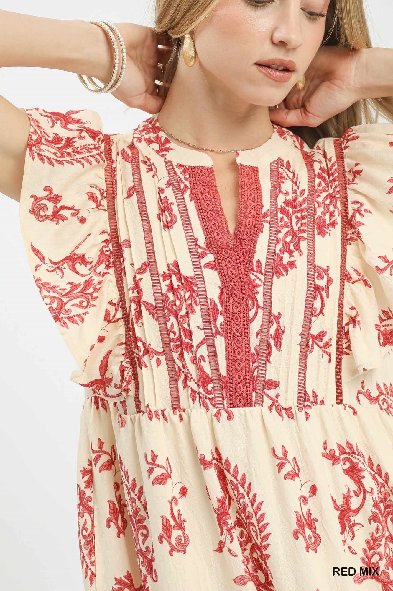 Umgee Red Mix Paisley Print Tiered Midi Dress