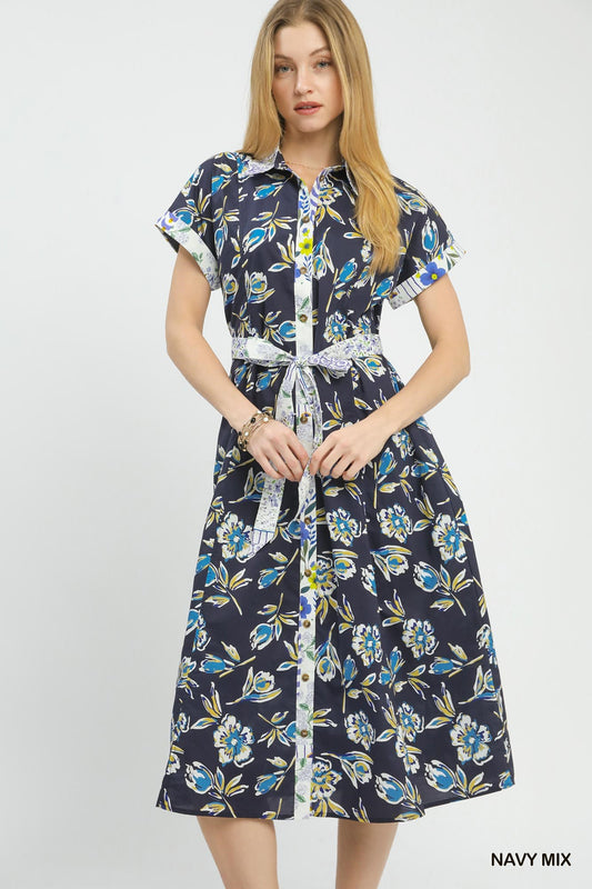 Umgee Navy Floral Button Front Midi Dress