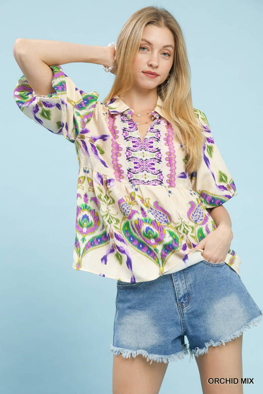 Umgee Teal Boho Print Puff Sleeve Top