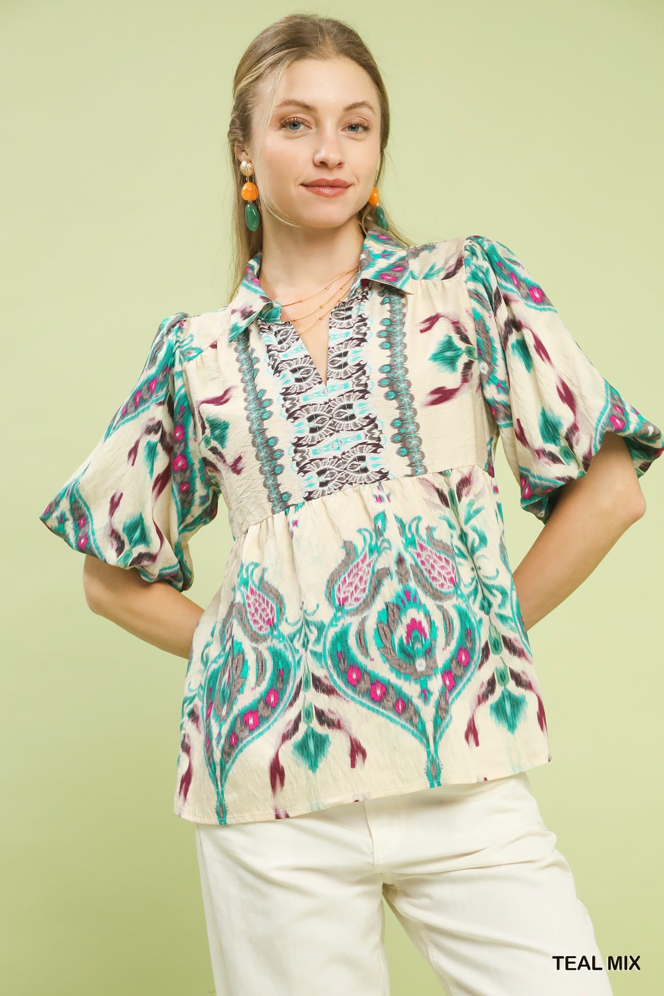 Umgee Teal Boho Print Puff Sleeve Top