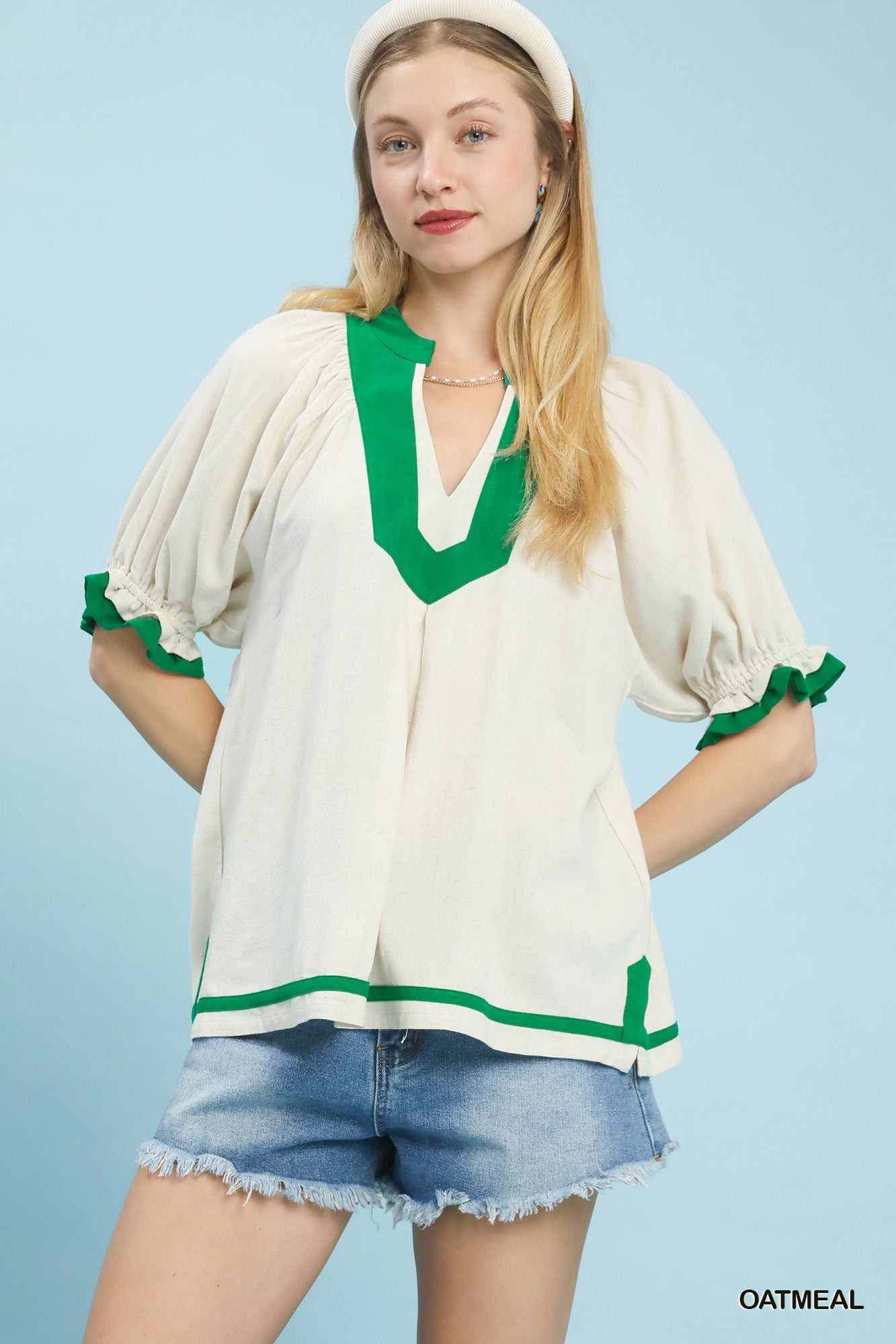 Umgee Oatmeal Linen Babydoll Top with Green Contrast Trim