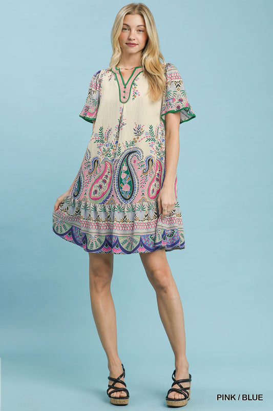 Umgee Pink Blue Paisley Flutter Sleeve Dress