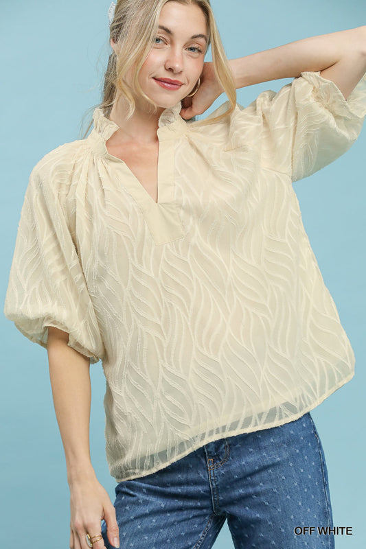 Umgee Off White Textured Puff Sleeve Blouse
