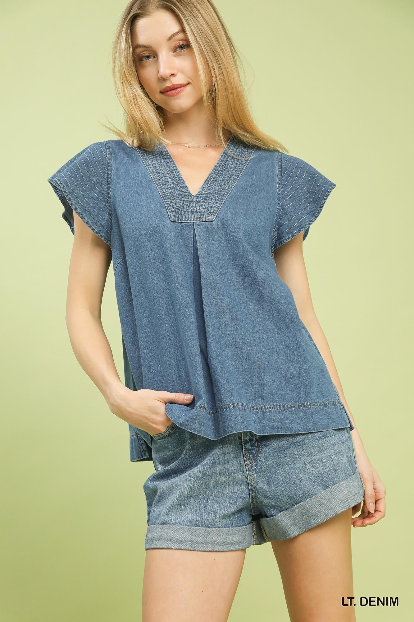 Umgee Split V-Neck Cap Sleeve Denim Top