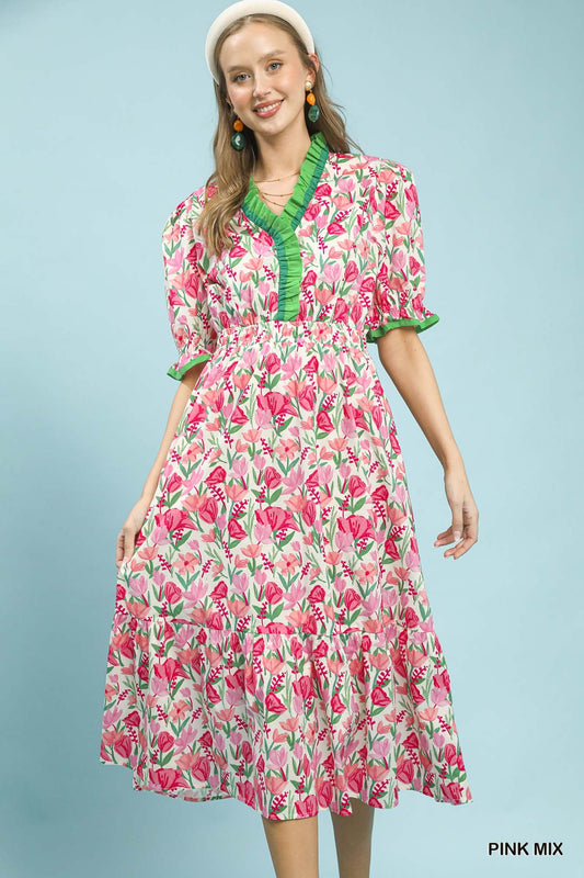 Umgee Garden Bloom Floral Ruffle Trim Tiered Midi Dress