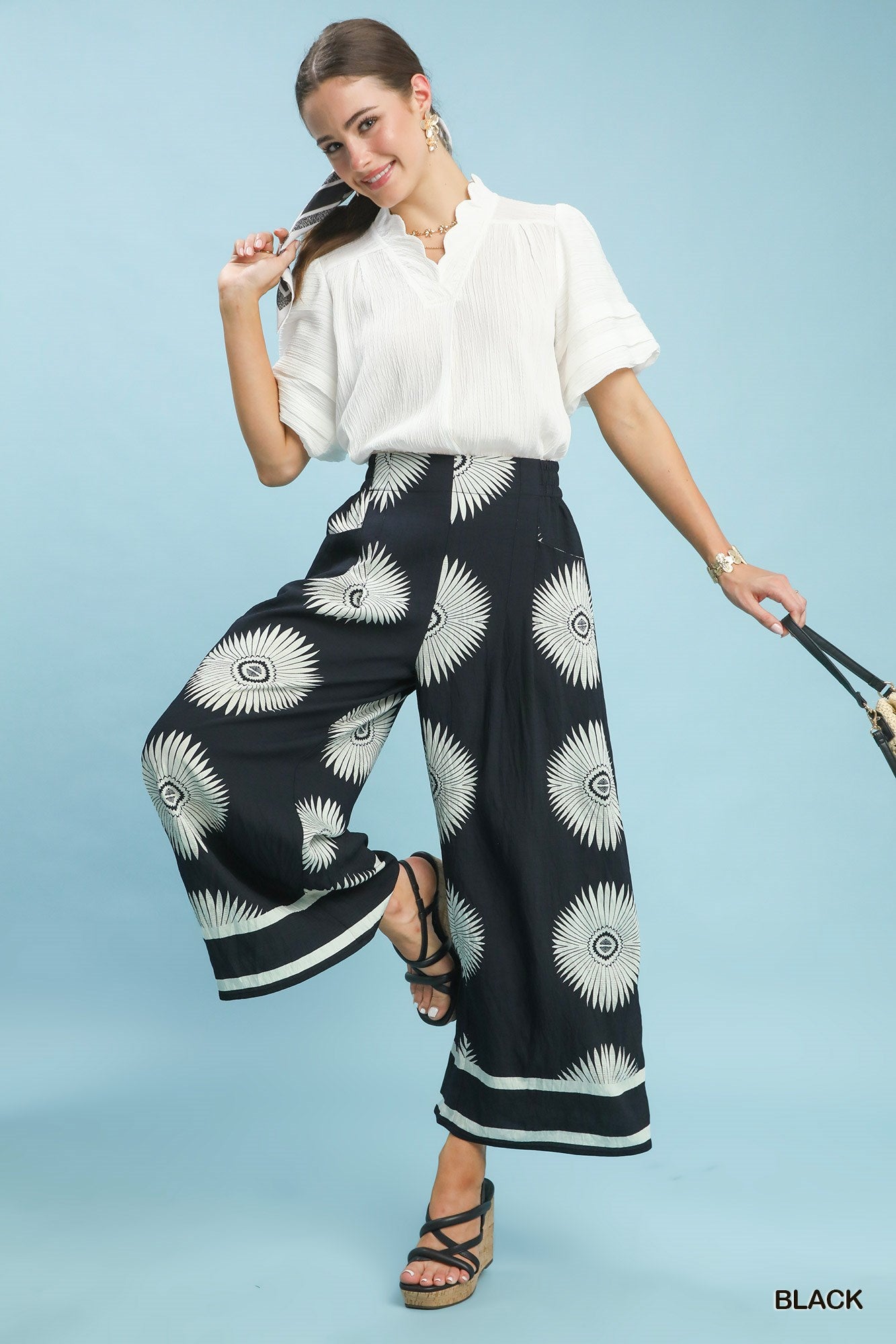 Umgee Black Ink Abstract Border Print Wide Leg Pants