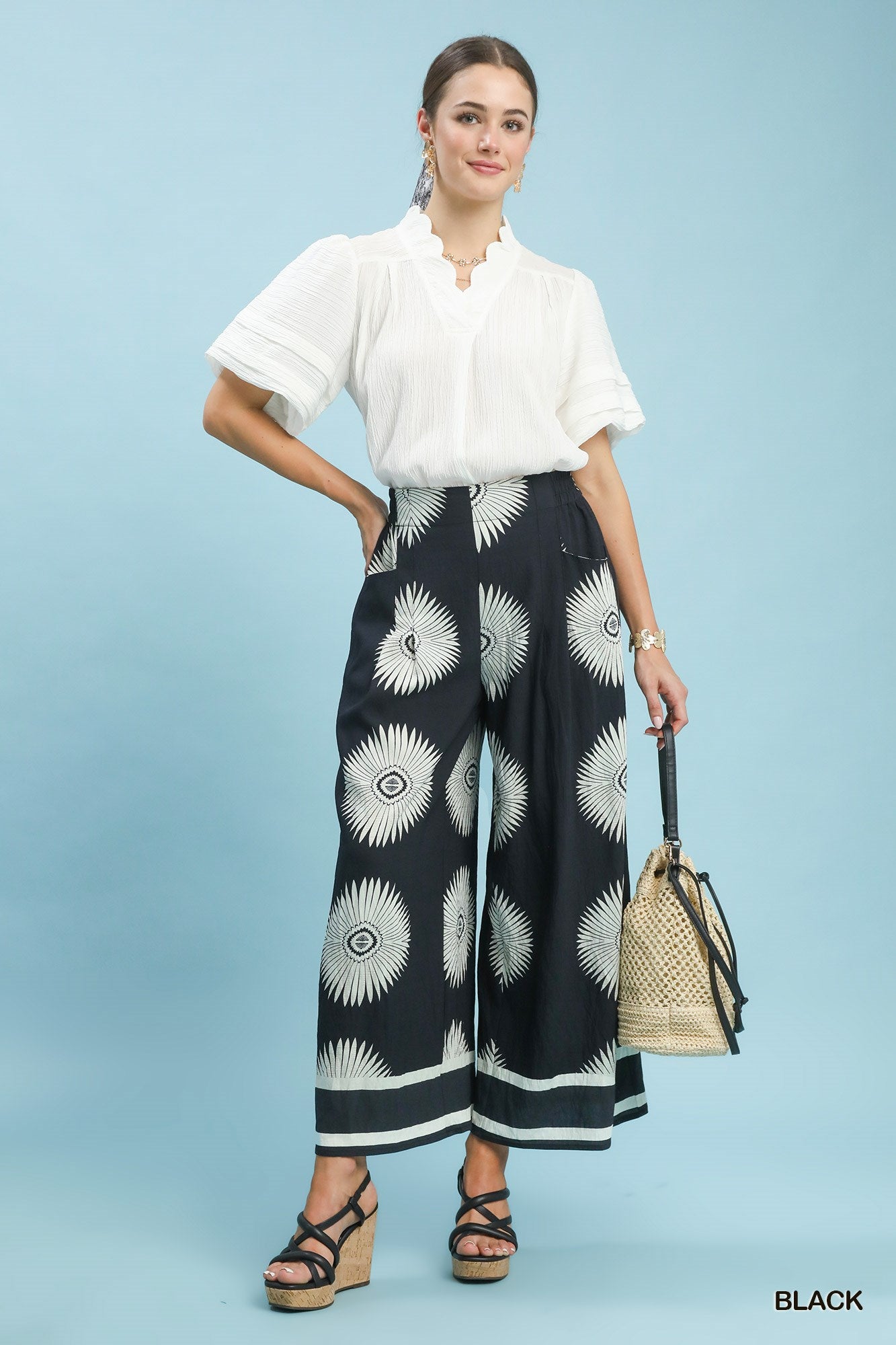 Umgee Black Ink Abstract Border Print Wide Leg Pants