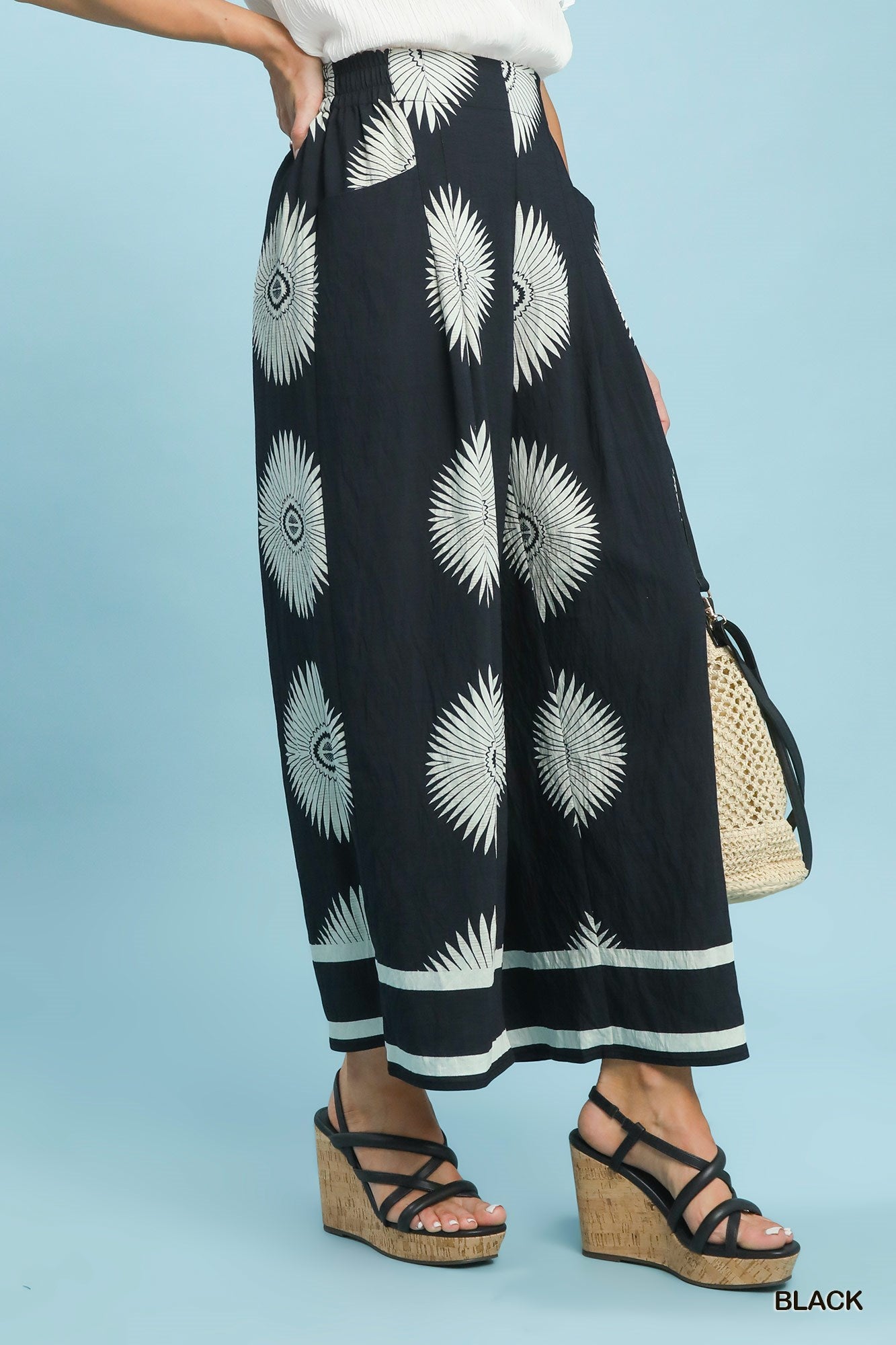 Umgee Black Ink Abstract Border Print Wide Leg Pants