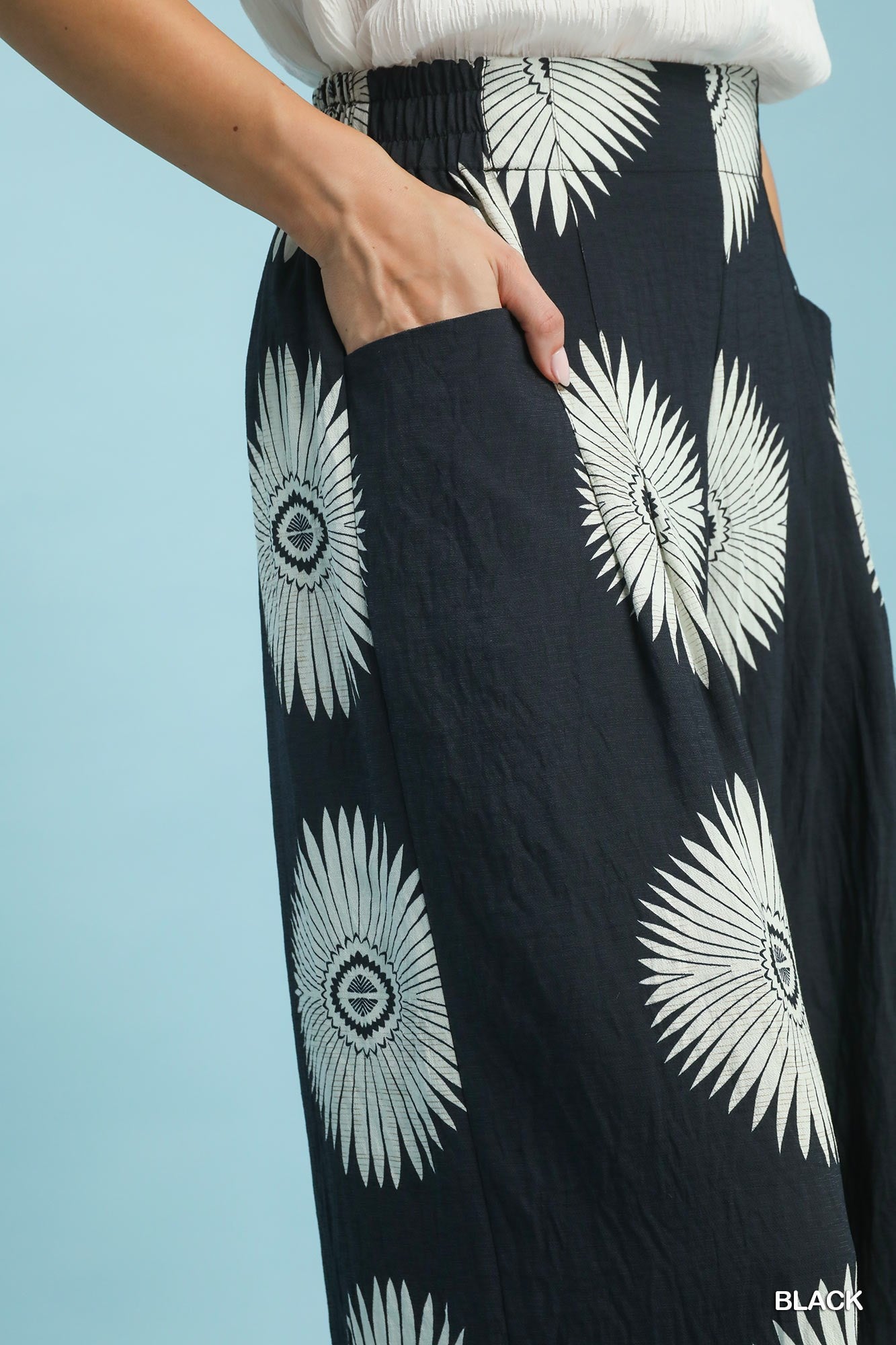 Umgee Black Ink Abstract Border Print Wide Leg Pants