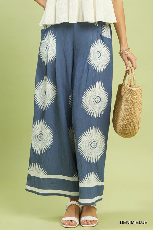 Umgee Coastal Ink Abstract Border Print Wide Leg Pants
