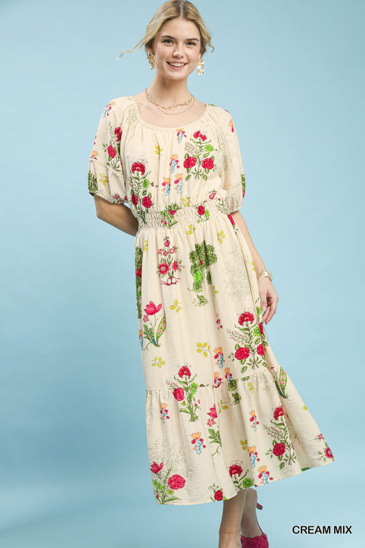 Umgee Cream Floral Smocked Waist Midi Dress