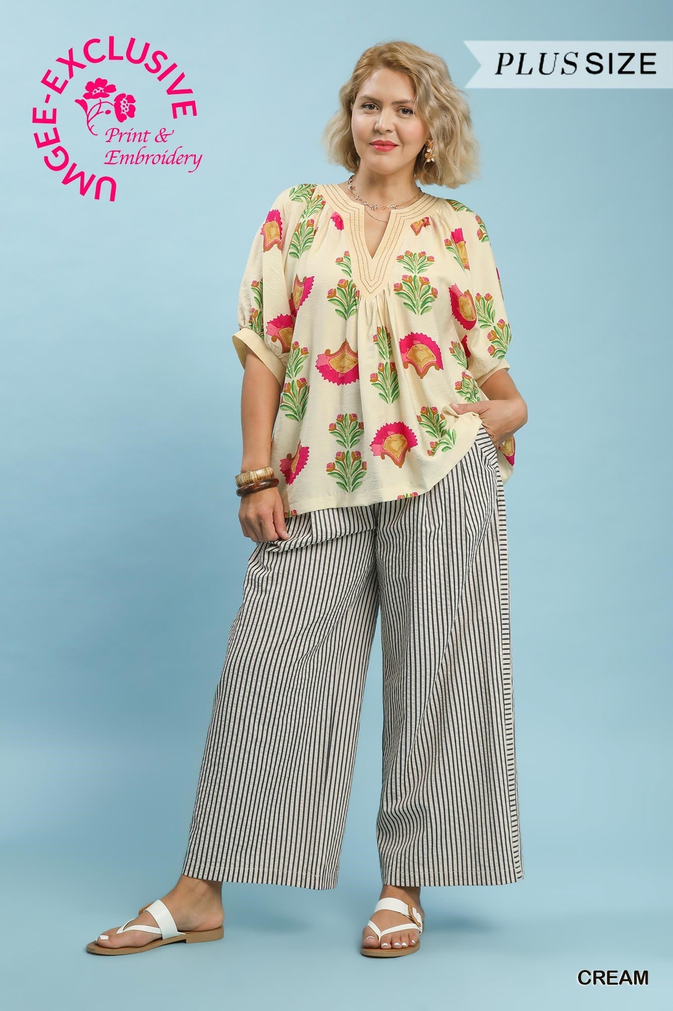 PLUS Umgee Garden Sketch Abstract Print V-Neck Top