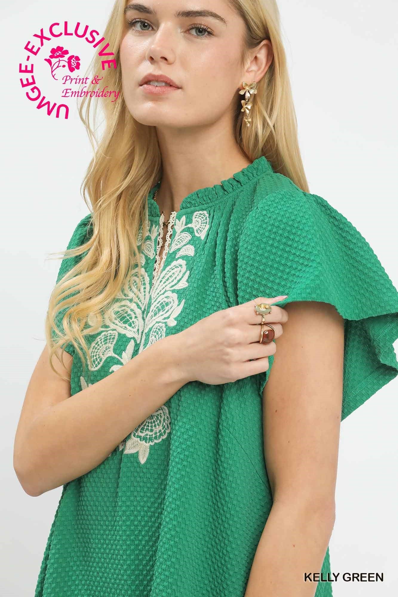 Umgee Emerald Bloom Embroidered Jacquard Flutter Sleeve Dress www.shoppesonmainconover.com Umgee Emerald Bloom Embroidered Jacquard Flutter Sleeve Dress www.shoppesonmainconover.com