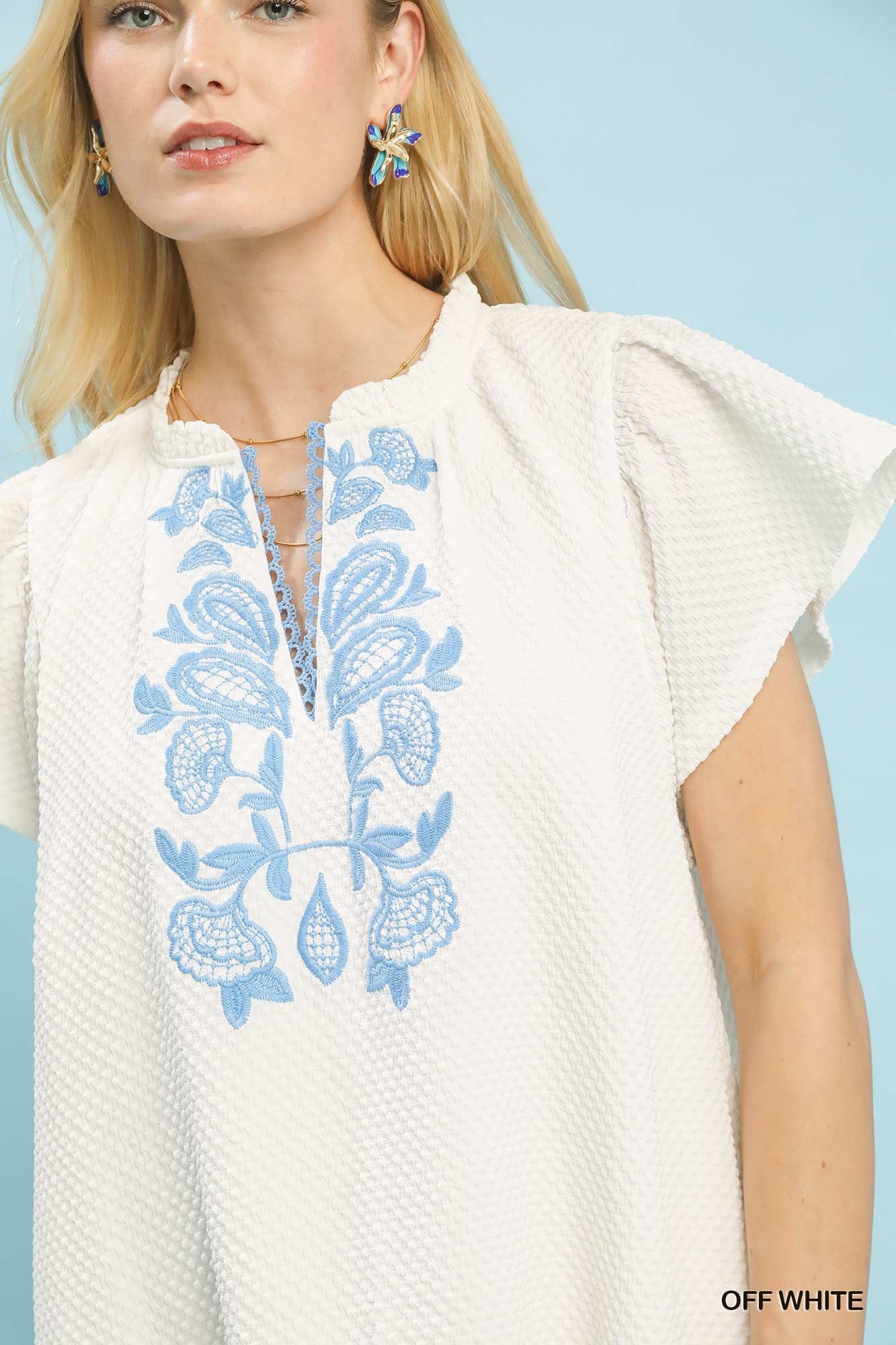 Umgee Ivory Grace Embroidered Jacquard Flutter Sleeve Dress