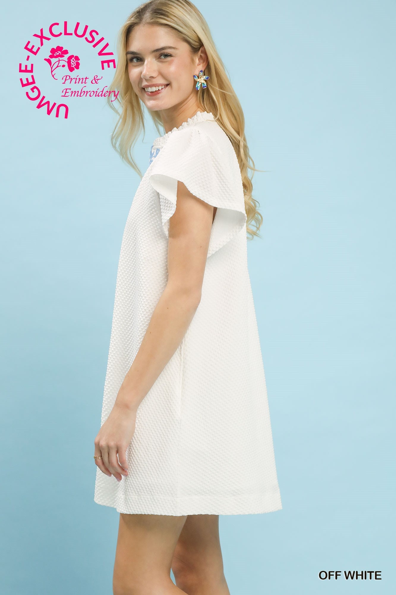 Umgee Ivory Grace Embroidered Jacquard Flutter Sleeve Dress