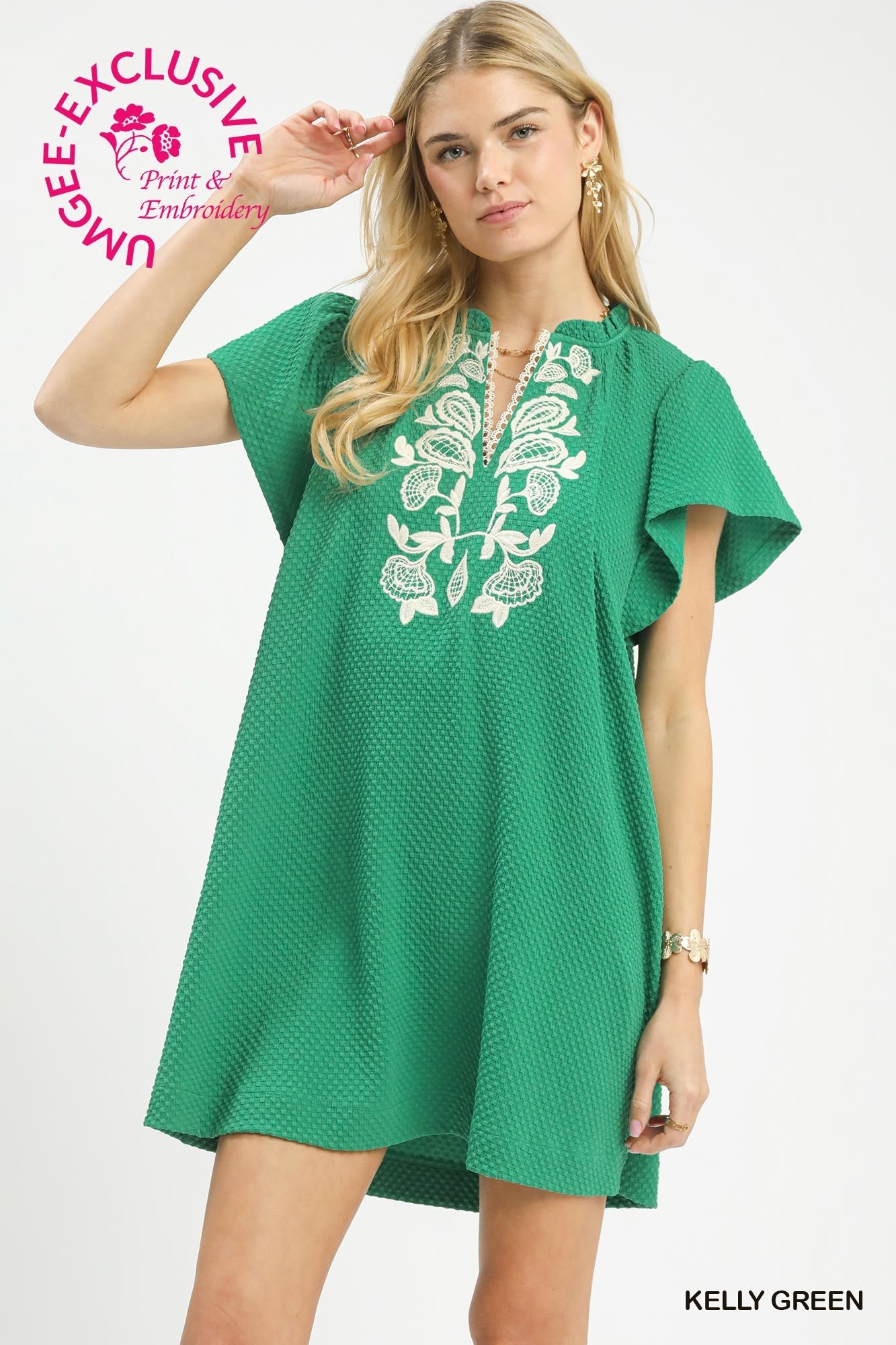 Umgee Emerald Bloom Embroidered Jacquard Flutter Sleeve Dress - S Umgee Emerald Bloom Embroidered Jacquard Flutter Sleeve Dress - S