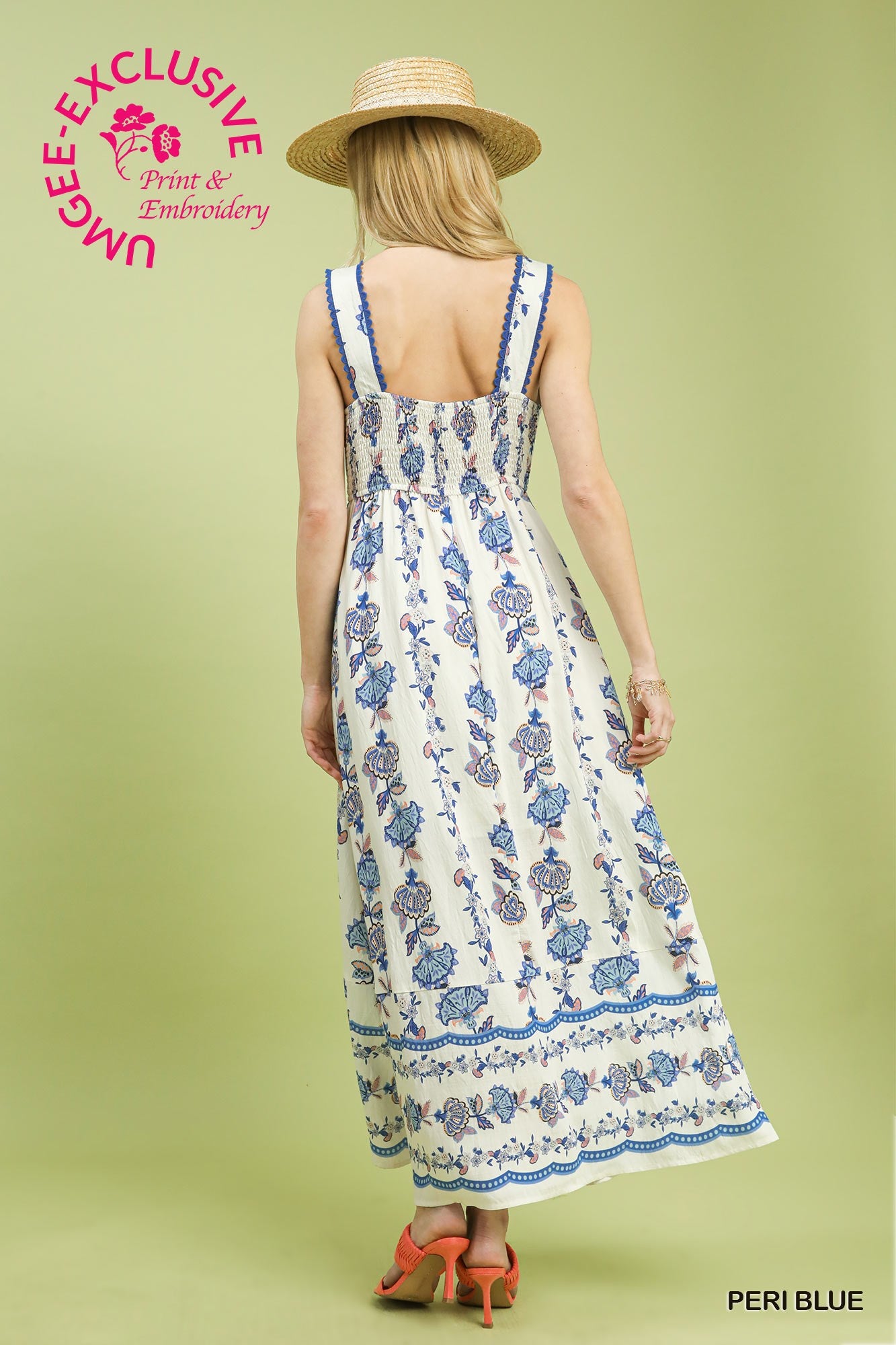 Umgee Peri Blue Floral Tiered Midi Dress with Scalloped Straps