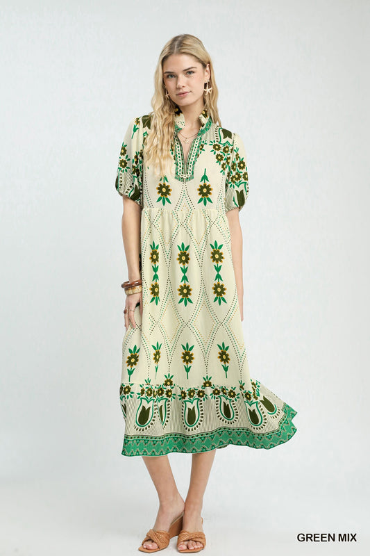 Umgee Green Floral Border Midi Dress