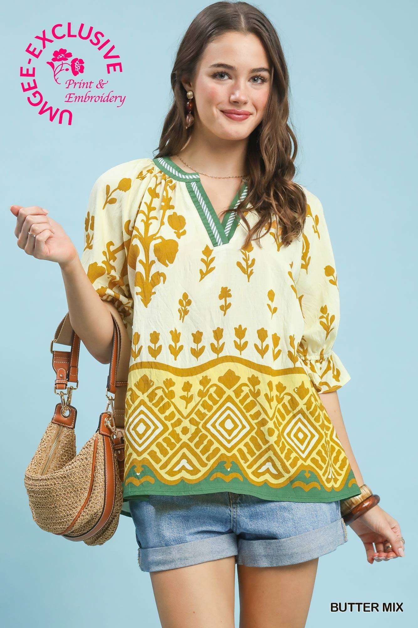 Umgee Butter Mix Border Print Puff Sleeve Top