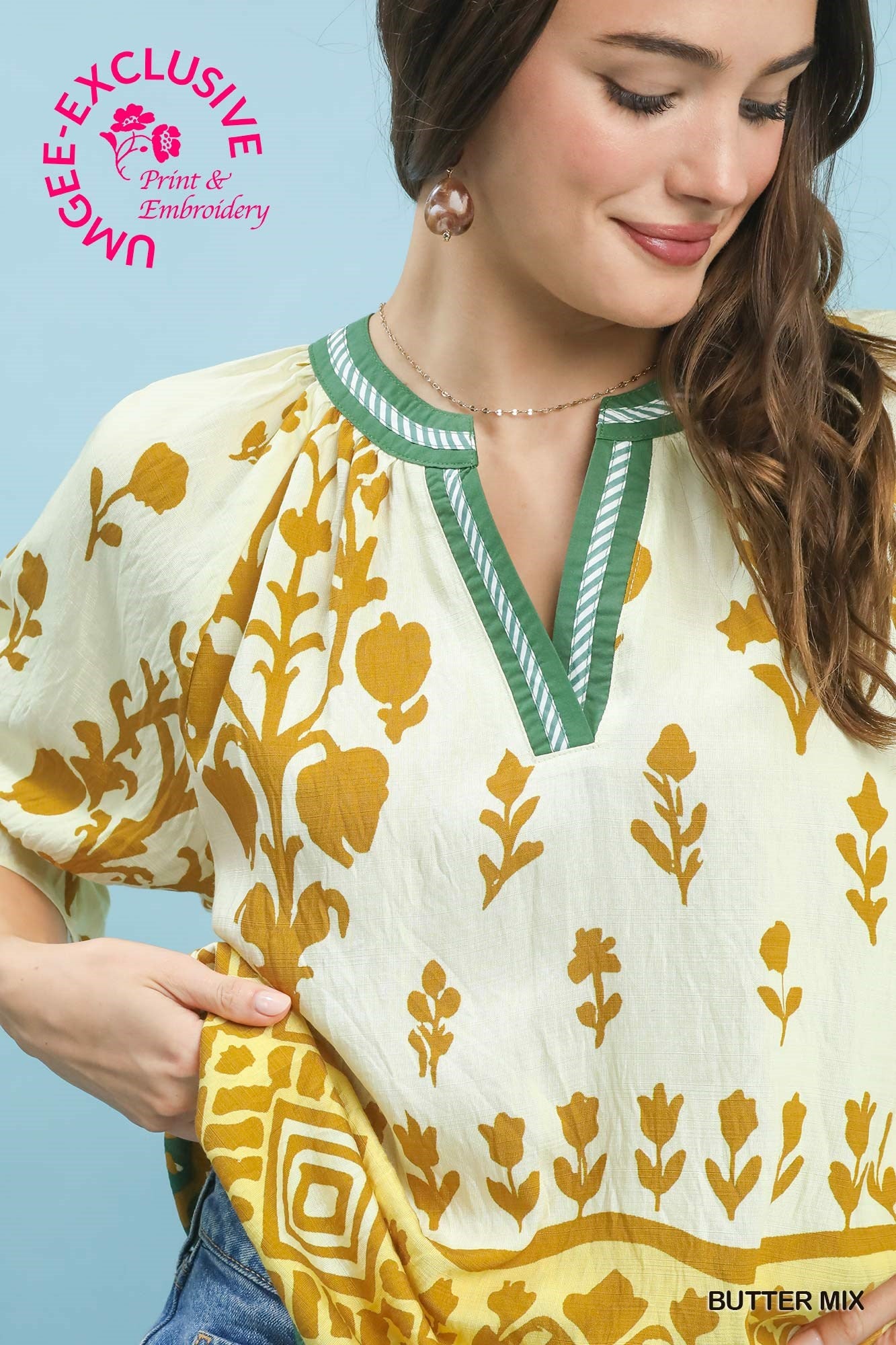 Umgee Butter Mix Border Print Puff Sleeve Top